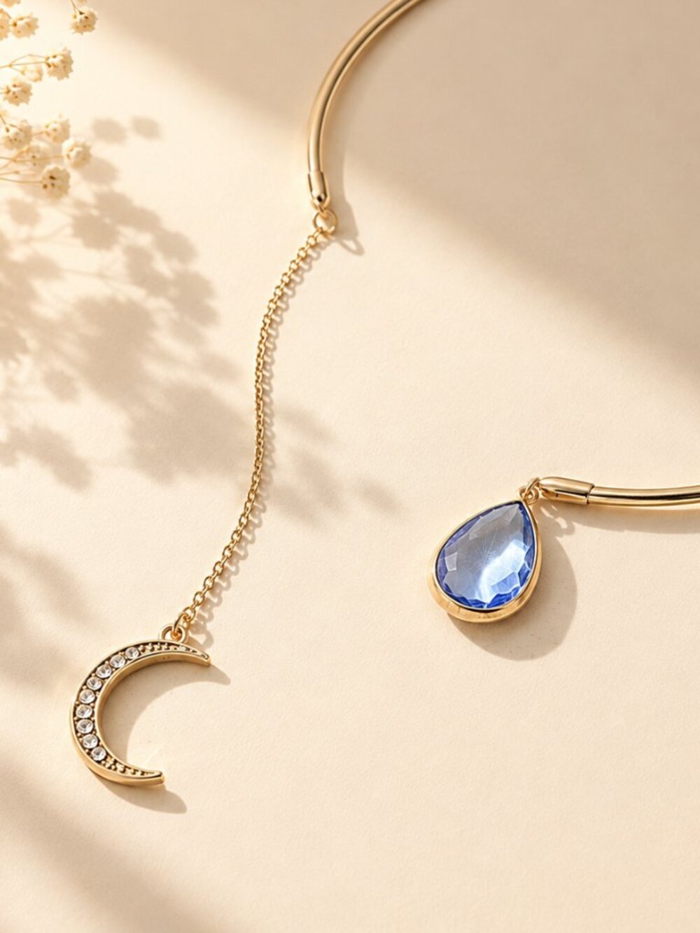 ✨ Gold Crescent Moon & Blue Crystal Collar Necklace Celestial Statement Choker